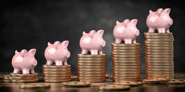 Piggy banks on stacks of golden coins. Fiinancial growth, deposit, investment and savings concept background. 3d illustration