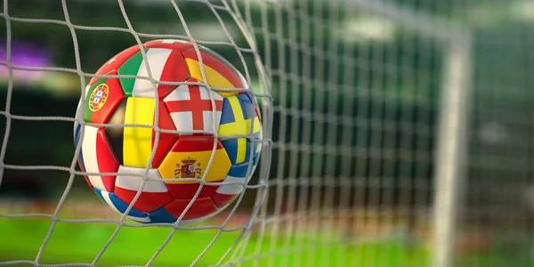 Bola Futebol Com Bandeiras Países Europeus Rede Gol Estádio Futebol — Fotografia de Stock