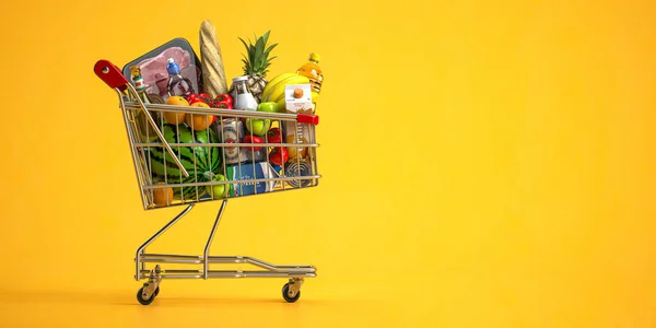 Carro Compras Lleno Comida Sobre Fondo Amarillo Concepto Tienda Comestibles —  Fotos de Stock