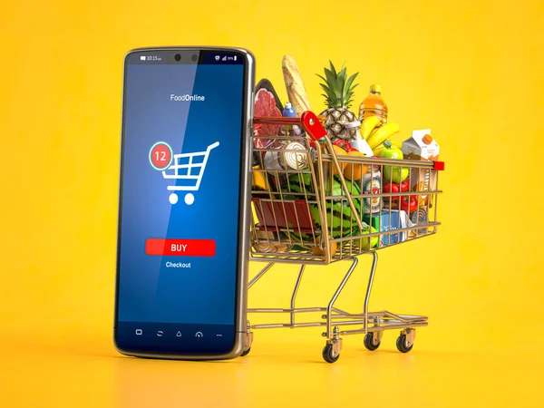 Shopping Cart Full Food Smartphone Grocery Market Shop Food Eats — Stock Photo, Image