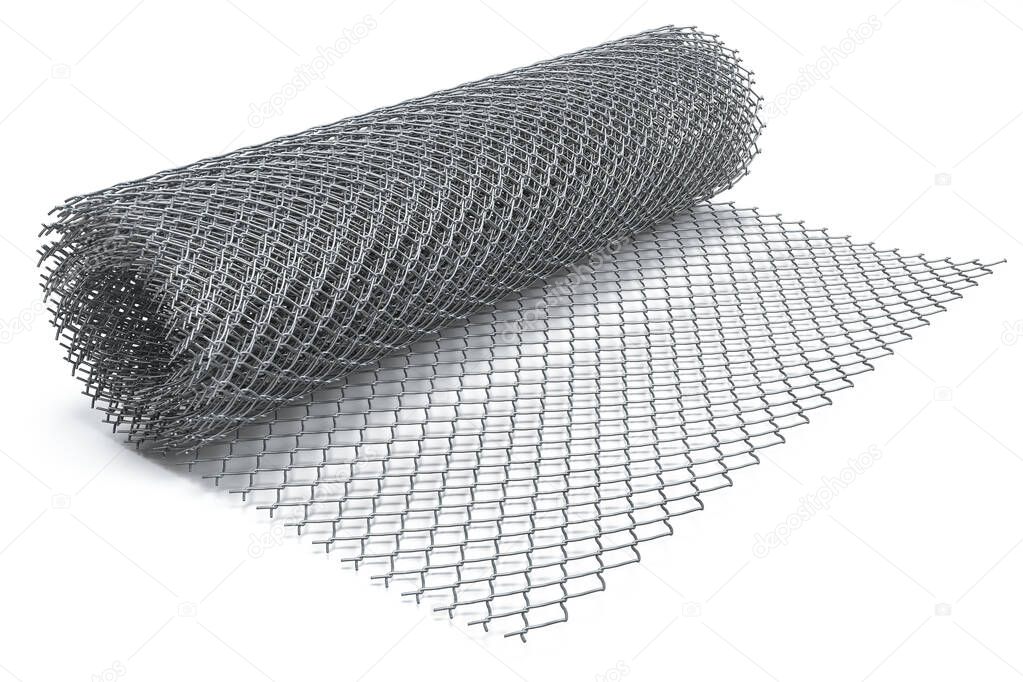 Coil of steel wire. Rabitz mesh netting roll isolated on white. 3d illustration