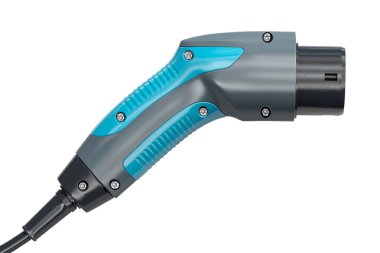 Elektrikli araba şarj tapası beyaz arka planda izole edilmiş tip 2. 3d illüstrasyon