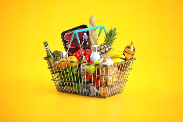 Winkelmandje Vol Met Diverse Kruidenierswaren Eten Drinken Gele Achtergrond Illustratie — Stockfoto