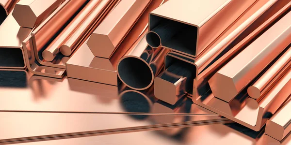 Copper Tubes Different Profiles Warehouse Background Different Copper Metal Rolled — Stock Photo, Image