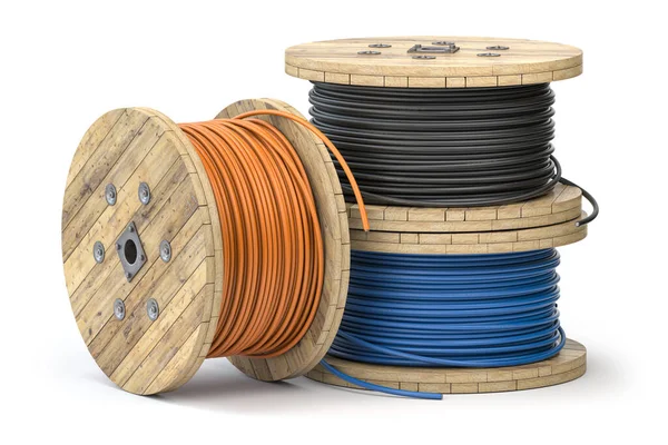 Cable Eléctrico Alambre Diferentes Colores Bobina Madera Carrete Aislado Sobre — Foto de Stock