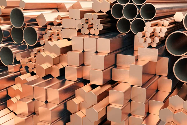 Copper Tubes Different Profiles Warehouse Background Different Copper Metal Rolled — Stock Photo, Image