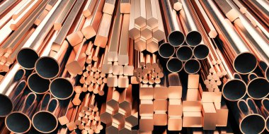 Copper tubes and different profiles in warehouse background. Different copper metal rolled products. 3d illustration clipart