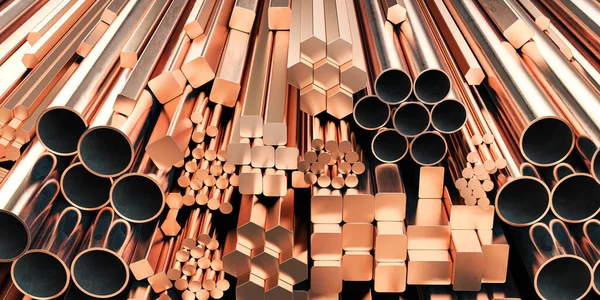 Copper Tubes Different Profiles Warehouse Background Different Copper Metal Rolled — Stock Photo, Image