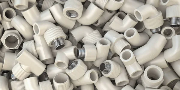 Verschiedene Fittings Aus Pvc Kunststoffrohren Und Rohren Haufen Sanitär Und — Stockfoto