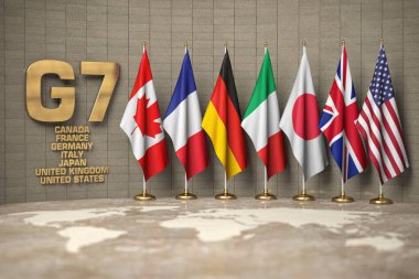 G7 zirvesi ya da toplantı konsepti. Yedi kişilik G7 grubunun bayraklarından ve ülkelerin listesinden, 3d illüstrasyon
