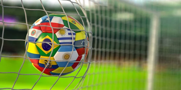 Soccer Football ball with flags of south america countries in net on football stadium. America championship 2021. 3d illustration