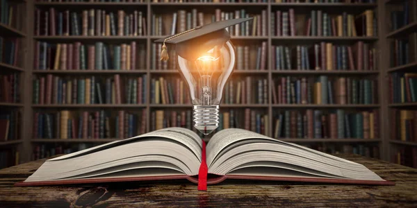 Education, knowledge and innovation concept background. Light bulb with mortar board on open book in vintage library. 3d illustration
