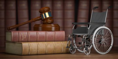 Engelliler yasası ve engelliler için sosyal hizmetler. Tekerlekli sandalye ve tokmak. 3d illüstrasyon