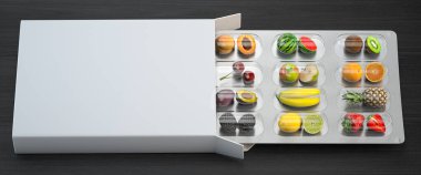 Sağlıklı bir diyet için multivitaminler ve doğal beslenme takviyeleri. Meyveler hap içinde su toplamış. 3d illüstrasyon