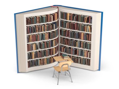 Kitaplıktaki kitaplar, okul masası ve sandalyeler beyaza izole edilmiş. Eğitim, bilgi ve öğrenme konsepti. 3d illüstrasyon