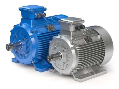 Endüstriyel elektrikli motorlar beyaza izole edildi. 3d illüstrasyon
