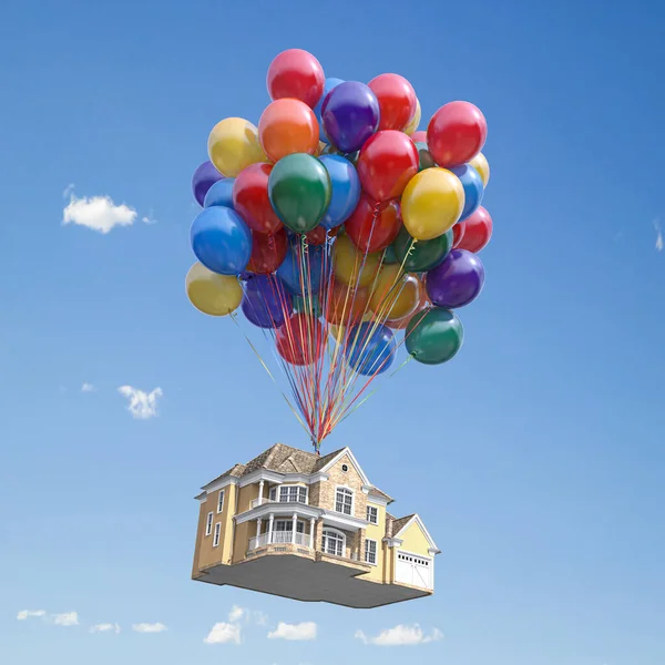 Haus Mit Ballons Bündel Fliegen Den Himmel Immobilienkauf Umzug Und — Stockfoto