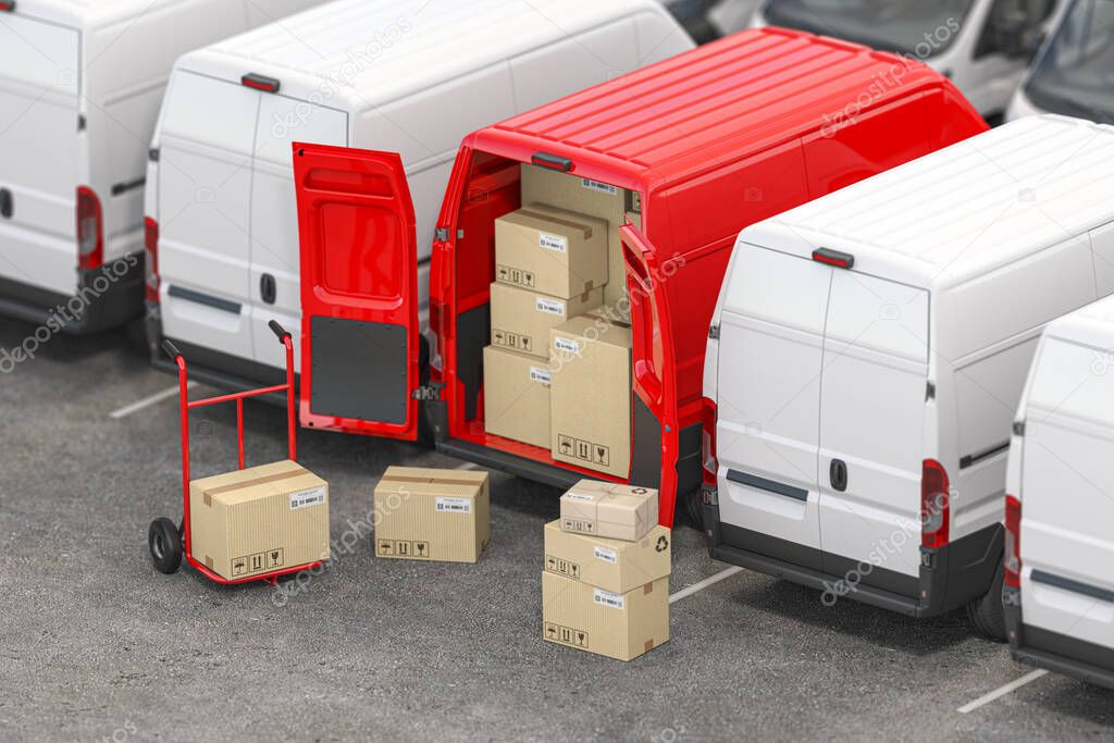 Red delivery van with open doors and hand truck with cardboard boxes iin a row of white vans. Delivery and shipping concept. 3d illustration