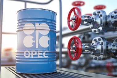 Opec symbol on the oil barrel and oil pipe line valve in front of the barrels. 3d illustration clipart