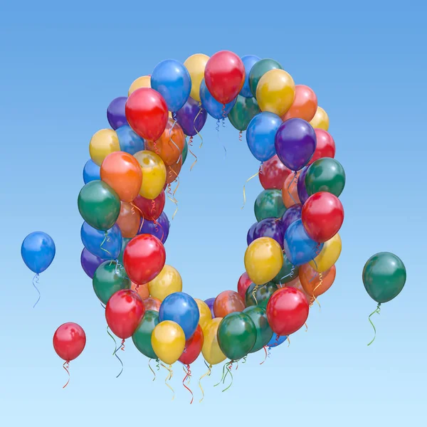 空の風船から0番目の数字 誕生日 お祝いのためのテキスト文字 3Dイラスト — ストック写真