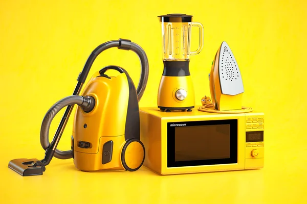黄色背景的黄色家用电器 一套家庭技术 3D说明 — 图库照片