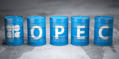 Petrol varillerindeki OPEC sembolü dünya siyaset haritası arka planında. 3d illüstrasyon