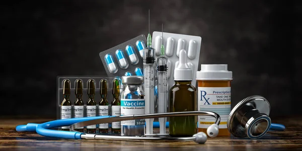 Υγεία Και Ιατρική Έννοια Υπόβαθρο Φάρμακα Χάπια Φουσκάλες Εμβόλια Μαύρο — Φωτογραφία Αρχείου