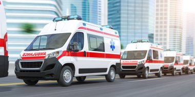 Ambulances in a row on the street of city skyscrapers, 3d illustration