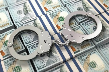 Handcuffs on dollar packs. Illegal money, corruption and bribe concept. 3d illustration  clipart