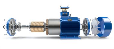 Elektrik motor parçaları ve beyaz arka planda izole edilmiş bir yapı. 3d illüstrasyon
