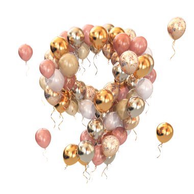 Dokuz numara şeklinde bir balon grubu. Beyaz üzerine izole edilmiş 9 numara. Yaş, tatil, doğum günü, kutlama için kısa bir mektup. 3d illüstrasyon