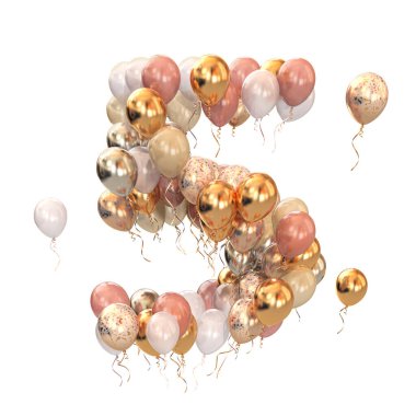 I-5 numaralı balon grubu beyaza yatırıldı. Yaş, tatil, doğum günü, kutlama için kısa bir mektup. 3d illüstrasyon