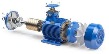 Elektrik motor parçaları ve beyaz arka planda izole edilmiş bir yapı. 3d illüstrasyon