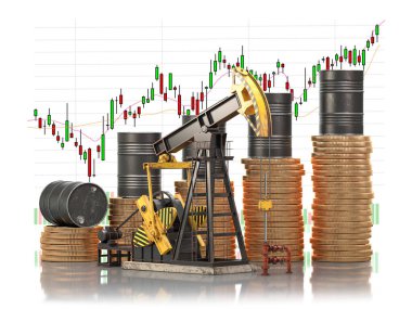 Yağ varilleri altın madeni paraların üzerinde ve petrol pompası krikosu ile piyasa fiyat tablosu. Petrol fiyatlarının büyümesi ve petrol konseptinin çıkarılması. 3d illüstrasyon