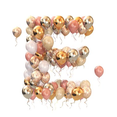 Balonlardan gelen E harfi beyaza izole edilmiş. Tatil, doğum günü, kutlama için kısa bir mektup. 3d illüstrasyon