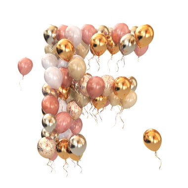 Balonlardan gelen F harfi beyaza izole edilmiş. Tatil, doğum günü, kutlama için kısa bir mektup. 3d illüstrasyon