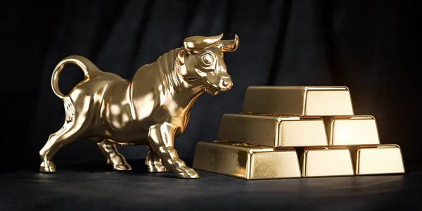 Golden ingot and bull on black background. Bull stock exchange market trend in gold. 3d illustration