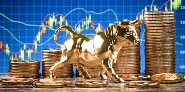 Inversión Financiera Mercado Alcista Toro Dorado Monedas Los Datos Del —  Fotos de Stock
