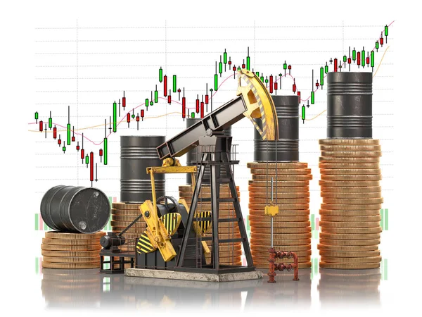 Barriles Petróleo Pilas Monedas Oro Gato Bomba Aceite Con Gráfico — Foto de Stock