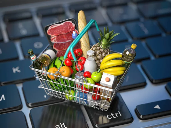 Lebensmitteleinkauf Online Und Lieferkonzept Warenkorb Voller Lebensmittel Auf Laptop Tastatur — Stockfoto