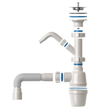 Şişe tuzağı yapısı ve beyaza izole edilmiş parçaları olan bir sifon. 3d illüstrasyon