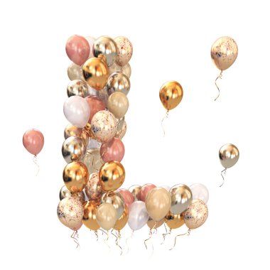 Balonlardan gelen L harfi beyaza izole edilmiş. Tatil, doğum günü, kutlama için kısa bir mektup. 3d illüstrasyon