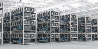 Bitcoin ve diğerleri kripto para birimleri madencilik çiftliği. GPU grafik kartları şifreleme için donanım. 3d illüstrasyon