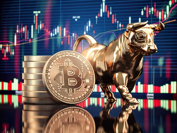 Bitcoin Munt Met Stier Voorraad Grafiek Bullish Markt Van Btc — Stockfoto