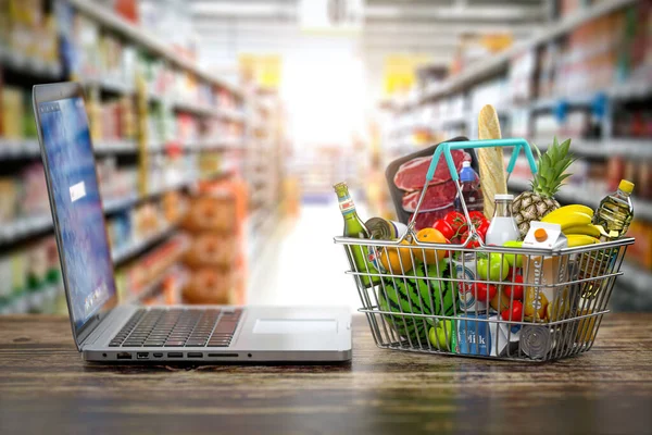 Élelmiszer Vásárlás Online Szállítási Koncepció Bevásárlókosár Tele Étellel Laptoppal Szupermarket — Stock Fotó