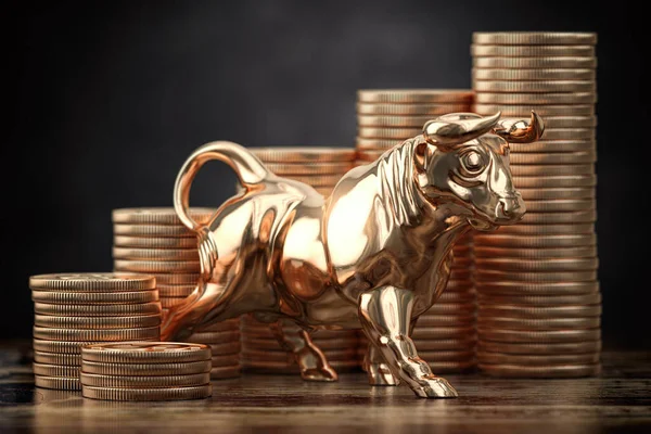 Gouden Stier Munten Financiële Investeringen Stierenmarkt Groei Van Het Beursconcept — Stockfoto