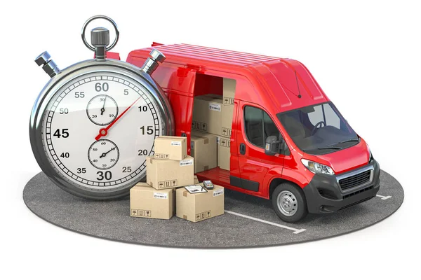 快速快递和物流概念 货车上有纸箱和秒表 3D说明 — 图库照片