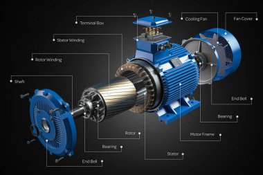 Elektrikli motor parçaları ve siyah arka plandaki yapı. 3d illüstrasyon