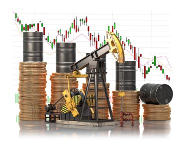 Yağ varilleri altın madeni paraların üzerinde ve petrol pompası krikosu ile piyasa fiyat tablosu. Petrol fiyatlarının düşmesi ve petrol konseptinin çıkarılması. 3d illüstrasyon