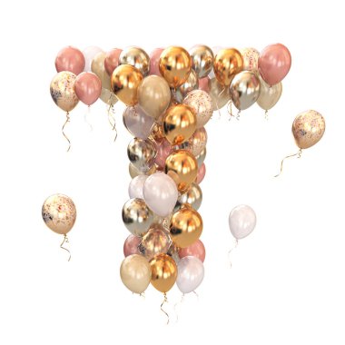 Beyaz balonlardan gelen T harfi. Tatil, doğum günü, kutlama için kısa bir mektup. 3d illüstrasyon